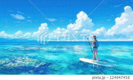 沖縄の青い海でSUPを楽しむ女性 124947458