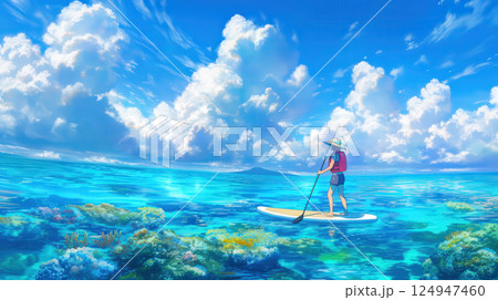 沖縄の青い海でSUPを楽しむ女性 124947460