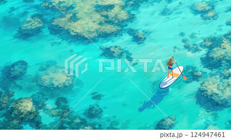 沖縄の青い海でSUPを楽しむ女性 沖縄の青い海でSUPを楽しむ女性 124947461
