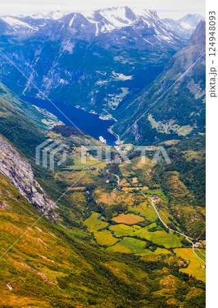 View on Geirangerfjord from Dalsnibba viewpoint in Norway View on Geirangerfjord from Dalsnibba viewpoint in Norway 124948093