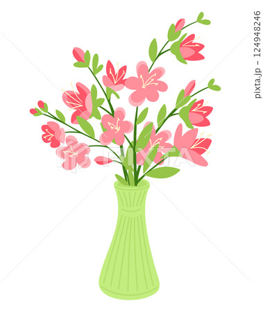 Pink sakura flowers arranged in a green vase Pink sakura flowers arranged in a green vase 124948246