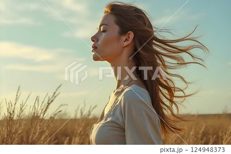 portrait of a beautiful young woman in sunset 124948373