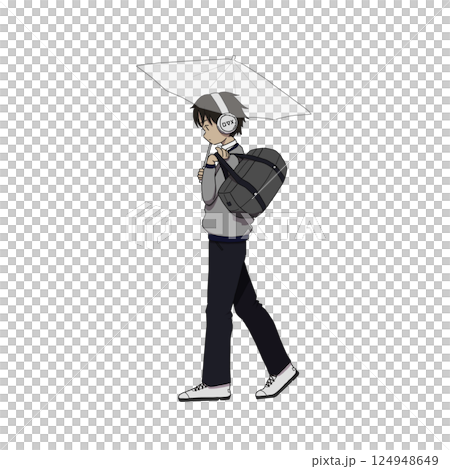 A male student walking with a bag, headphones and an umbrella 124948649