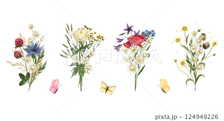 Watercolor bouquet of wild flowers, grass, butterfly. Illustration poppy, chamomile, clover, buttercup, cornflower, ranunculus, tansy, globeflower hand drawn for cards, greeting, cosmetics, products 124949226