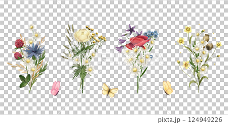 Watercolor bouquet of wild flowers, grass, butterfly. Illustration poppy, chamomile, clover, buttercup, cornflower, ranunculus, tansy, globeflower hand drawn for cards, greeting, cosmetics, products 124949226