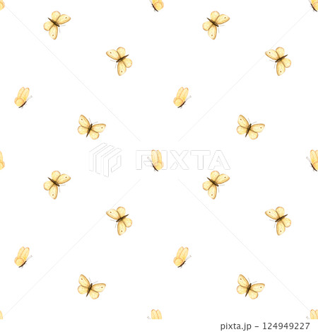 Pattern field bright yellow butterflies. Watercolor illustration of insects hand drawn in retro style on isolated background. Seamless print for fabric clothes, textile, packaging, wallpaper, postcard 124949227