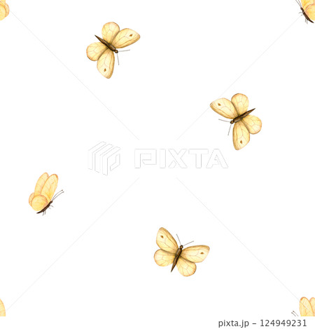 Watercolor pattern bright yellow butterflies. Insect illustration hand drawn. Seamless print simple, childish, cute on isolated background for design, fabric, clothes, textile, packaging, wallpaper Watercolor pattern bright yellow butterflies. Insect illustration hand drawn. Seamless print simple, childish, cute on isolated background for design, fabric, clothes, textile, packaging, wallpaper 124949231