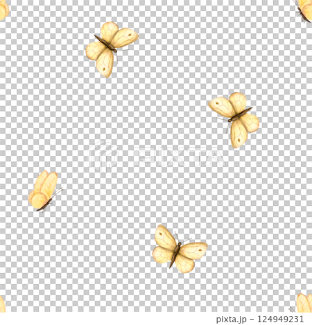 Watercolor pattern bright yellow butterflies. Insect illustration hand drawn. Seamless print simple, childish, cute on isolated background for design, fabric, clothes, textile, packaging, wallpaper Watercolor pattern bright yellow butterflies. Insect illustration hand drawn. Seamless print simple, childish, cute on isolated background for design, fabric, clothes, textile, packaging, wallpaper 124949231