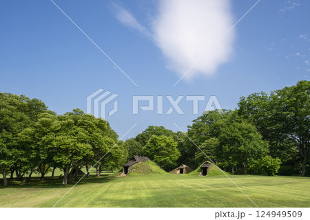 世界遺産「御所野遺跡」の「御所野縄文公園」にある土屋根の復元住居 124949509