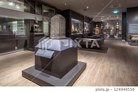 Ancient stone inscription stele with historic script on display at National Museum Bangkok Reflecting Thailand cultural and linguistic heritage 124949559