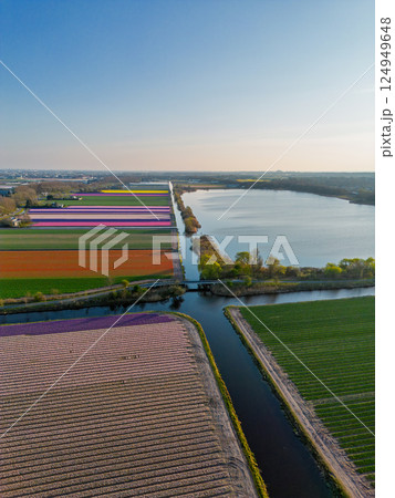 Aerial view of scenic farmland near the coast with colorful flower fields, dense forests, and circular ponds in a landscaped park. The North Sea is visible in the distance under a clear sky. Aerial view of scenic farmland near the coast with colorful flower fields, dense forests, and circular ponds in a landscaped park. The North Sea is visible in the distance under a clear sky. 124949648