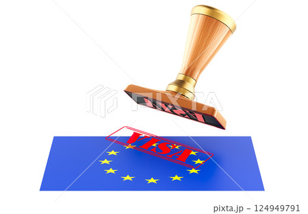 Schengen Area visa, concept. Visa Approved with Rubber Stamp and the European Union flag, 3D rendering Schengen Area visa, concept. Visa Approved with Rubber Stamp and the European Union flag, 3D rendering 124949791