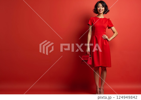 A woman in a red dress standing in front of a red background 124949842