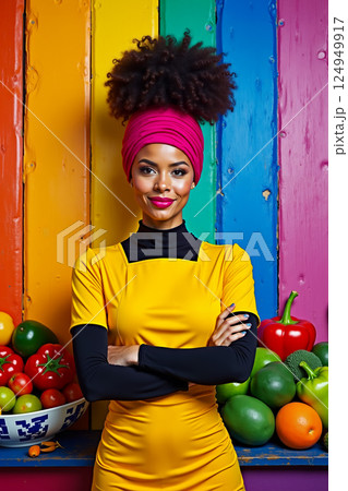 A woman in a yellow dress and a pink turban standing in front of a colorful wall 124949917
