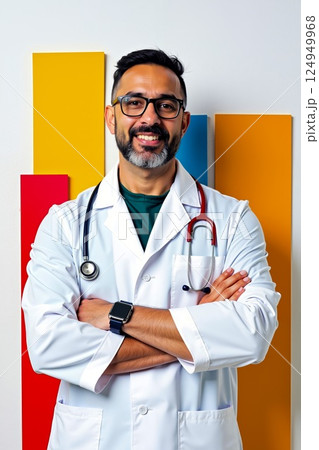 A man in a white lab coat with a stethoscope on his neck 124949968