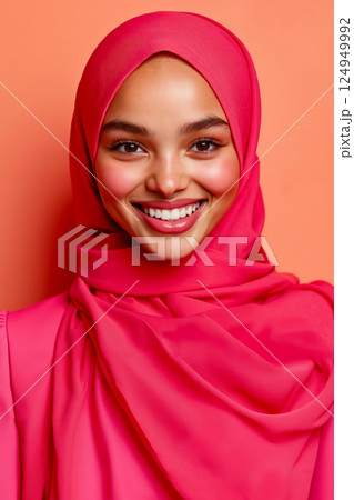 A woman wearing a pink hijab smiles at the camera 124949992