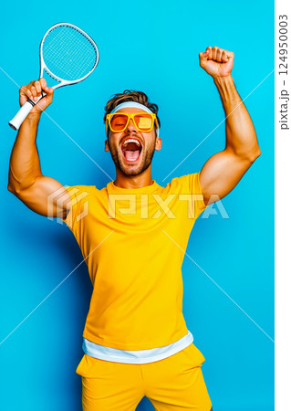 A man in a yellow shirt holding a tennis racket and wearing sunglasses 124950003