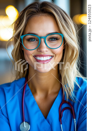 A smiling female doctor wearing blue scrubs and a stethoscope 124950023