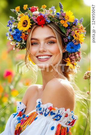 A woman wearing a flower crown smiles at the camera 124950047
