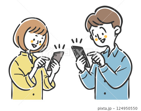 スマホを使う夫婦　上半身　ベクター 124950550