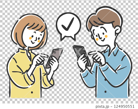 Couple operating a smartphone, upper body, vector 124950551