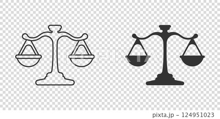 Scales icon in flat style. Libra vector illustration on isolated background. Mass comparison sign business concept. Scales icon in flat style. Libra vector illustration on isolated background. Mass comparison sign business concept. 124951023