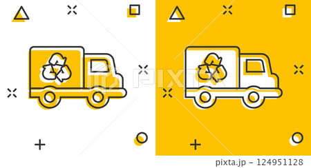 Garbage truck icon in comic style. Recycle cartoon vector illustration on white isolated background. Trash car splash effect sign business concept. Garbage truck icon in comic style. Recycle cartoon vector illustration on white isolated background. Trash car splash effect sign business concept. 124951128