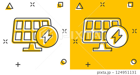 Solar panel icon in comic style. Ecology energy cartoon vector illustration on white isolated background. Electrician splash effect sign business concept. Solar panel icon in comic style. Ecology energy cartoon vector illustration on white isolated background. Electrician splash effect sign business concept. 124951131