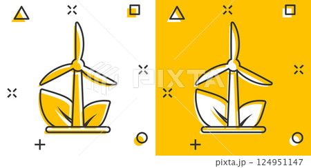 Wind power plant icon in comic style. Turbine cartoon vector illustration on white isolated background. Air energy splash effect sign business concept. Wind power plant icon in comic style. Turbine cartoon vector illustration on white isolated background. Air energy splash effect sign business concept. 124951147