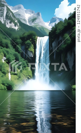 Majestic Waterfall Cascade in a Serene Mountain Setting 1-3 124951742
