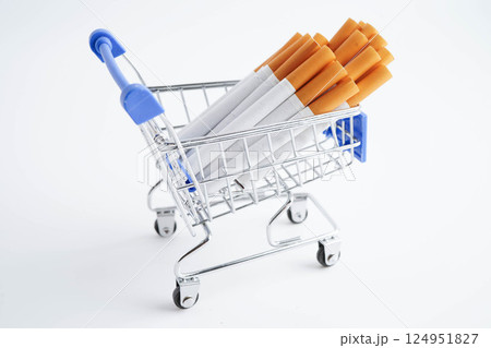 Cigarette in shopping cart, cost, trading, marketing and production, No smoking concept. 124951827