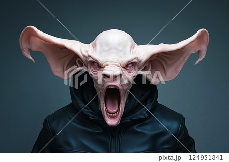 A man in a black jacket with a demonic face and mouth open 124951841