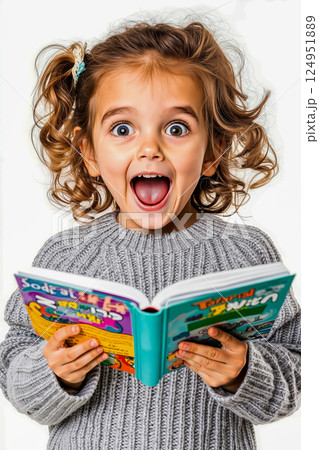 A little girl is reading a book with her mouth open 124951889