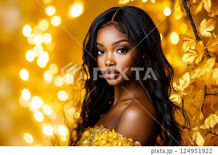 A woman in a gold dress posing for a picture 124951922