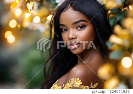 A woman with long black hair wearing a gold dress 124951923