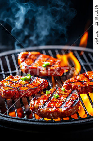 A grill with three steaks cooking on it with flames in the background 124951966