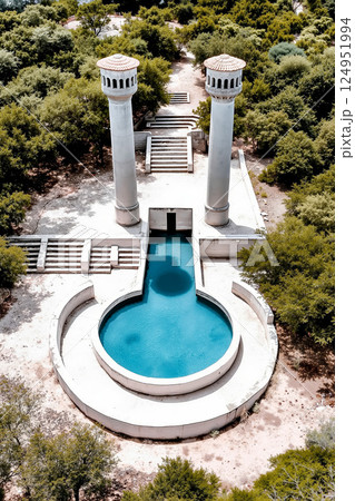 A swimming pool surrounded by trees and bushes 124951994