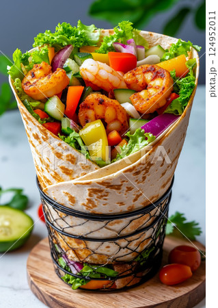 A wrap filled with shrimp and vegetables on top of a wooden board 124952011