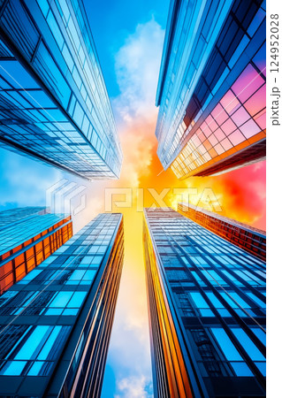 A group of tall buildings with a blue sky in the background 124952028