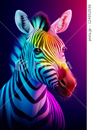 A colorful zebra with a rainbow colored mane on a purple background 124952036