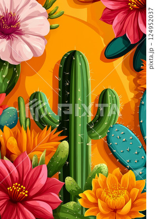 A cactus and flowers on an orange background 124952037