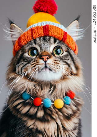A cat wearing a knitted hat with a colorful necklace around its neck 124952089