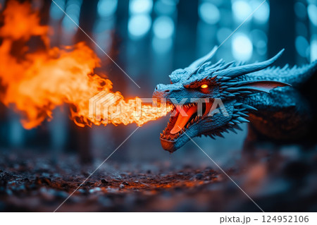 A blue dragon with red eyes and a fire in its mouth A blue dragon with red eyes and a fire in its mouth 124952106