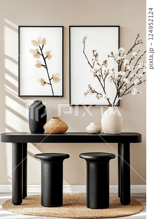 A black table with two vases and two framed pictures on the wall 124952124