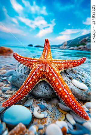 A starfish sitting on top of a rock on a beach A starfish sitting on top of a rock on a beach 124952125