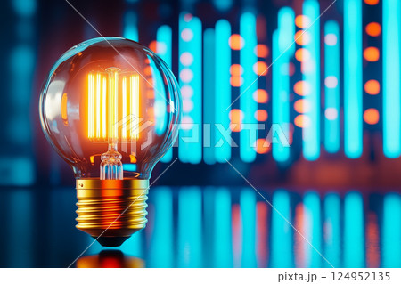A light bulb sitting on top of a table next to a computer keyboard 124952135