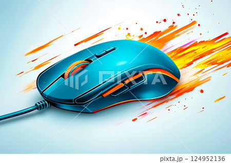 A blue computer mouse with orange and blue paint splatters on it 124952136