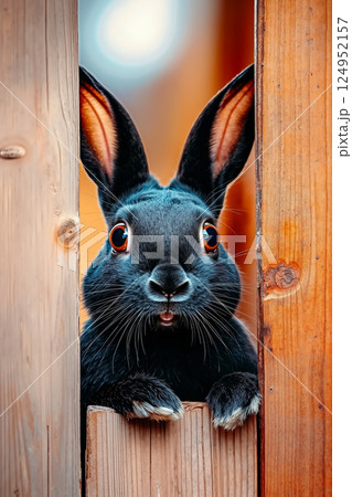 A black rabbit peeking out from behind a wooden fence 124952157