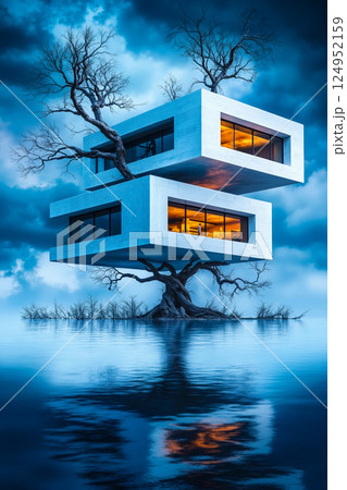 A house on a tree in the middle of a body of water 124952159
