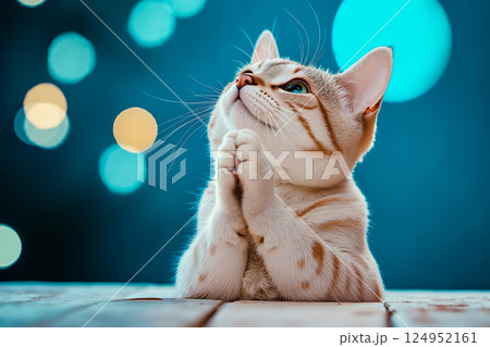 A small orange and white cat sitting on top of a wooden table 124952161